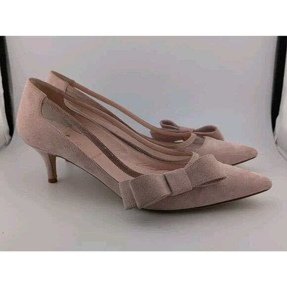 Kate Spade 7.5 Light Pink Suede Heels Bows Clear Pointed Toe Pointed (35) - Picture 1 of 10